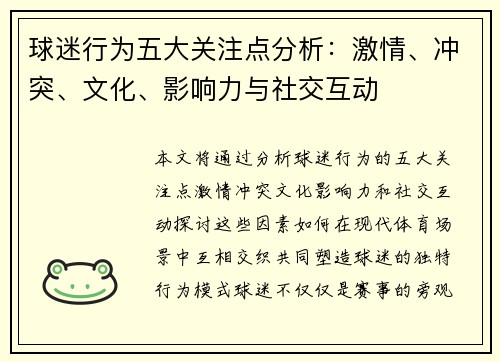 球迷行为五大关注点分析：激情、冲突、文化、影响力与社交互动